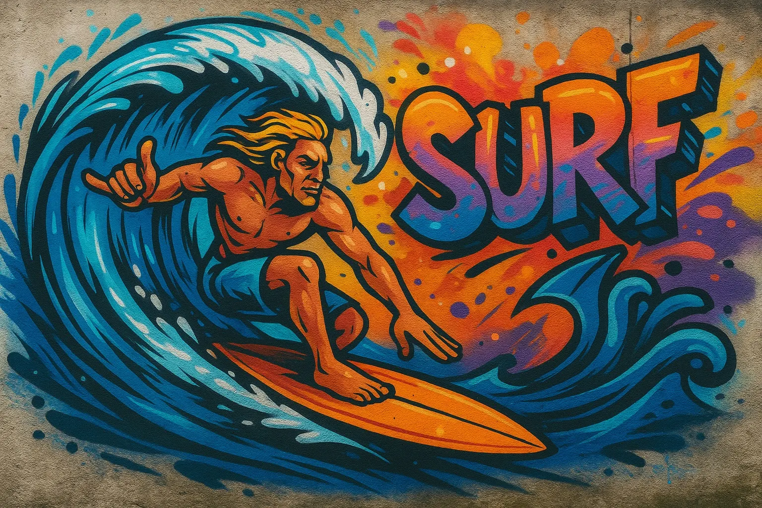 Mural — surfer na fali, grafika w kolorze